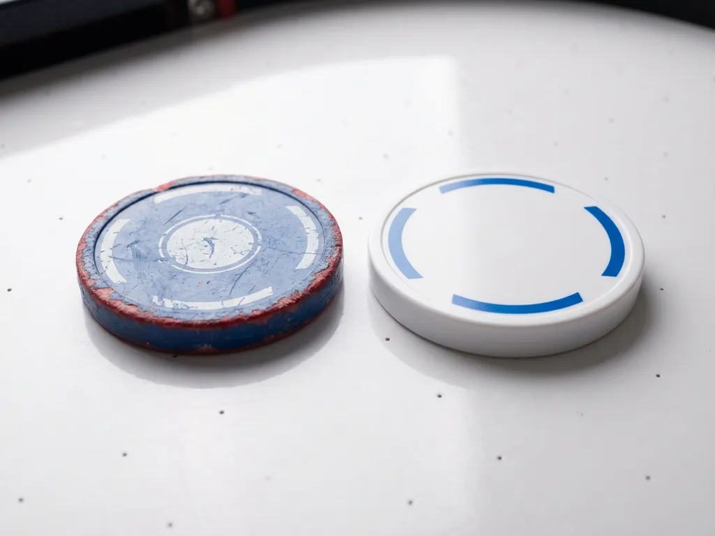 Versleten luchthockeypuck naast een nieuwe vervangingspuck op wit luchthockeytafeloppervlak, zichtbare krassen en randslijtage.