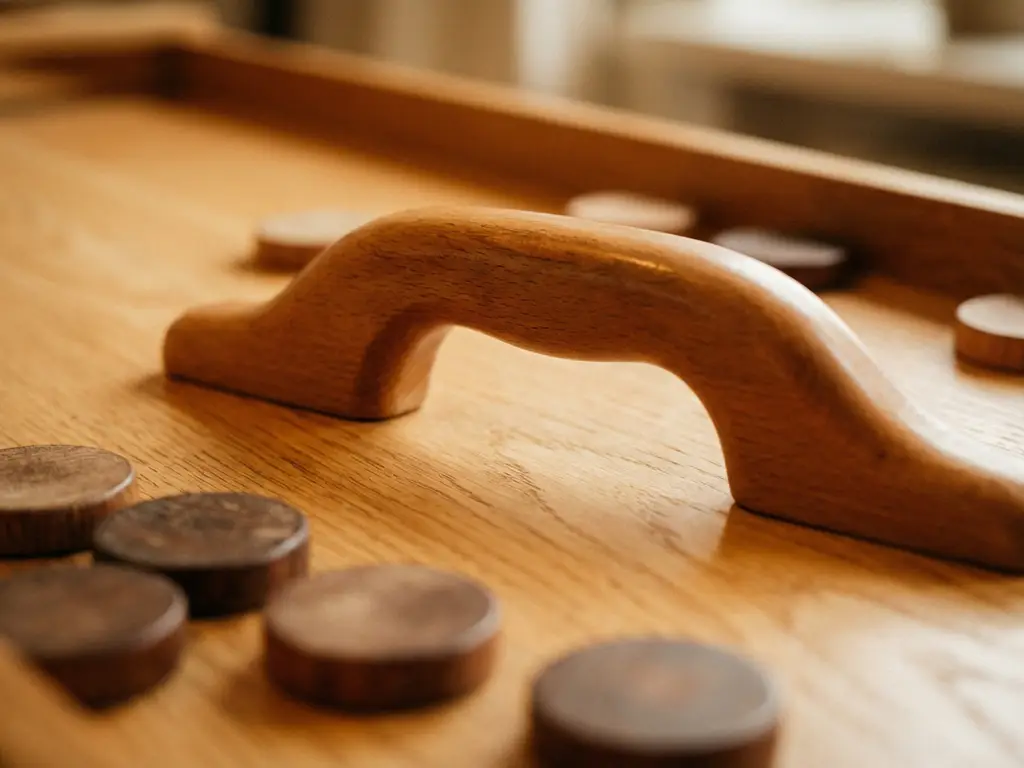 Houten sjoelbakschuiver met ergonomisch handvat op gepolijst licht eiken sjoelbakoppervlak, met versleten schijven op de achtergrond.