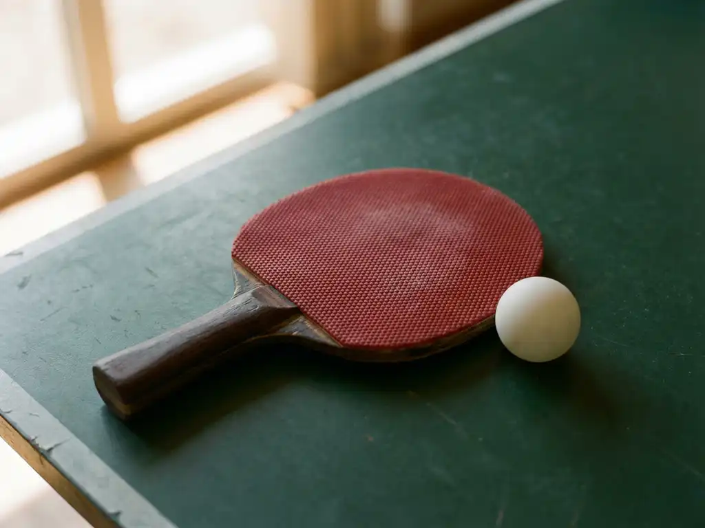 Tafeltennisbat met rood rubber vlakbij een witte pingpongbal op een speeloppervlak, bovenaanzicht close-up.