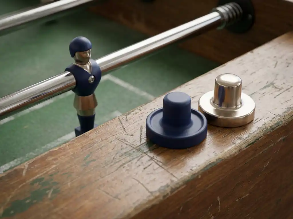 Chromen tafelvoetbalstang met spelerfiguur diagonaal op tafeloppervlak, naast matte standaard en glanzende deluxe pusher.